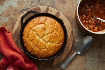 A pan of southern cast iron skillet corn bread, homemade on a wooden cutting board with a red towel and pie server.