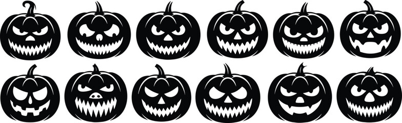  Spooky Halloween Pumpkin Silhouettes: Jack-o'-Lantern Faces with Scary Expressions, Perfect for Festive Decorations, Party Invitations, and Autumn Designs