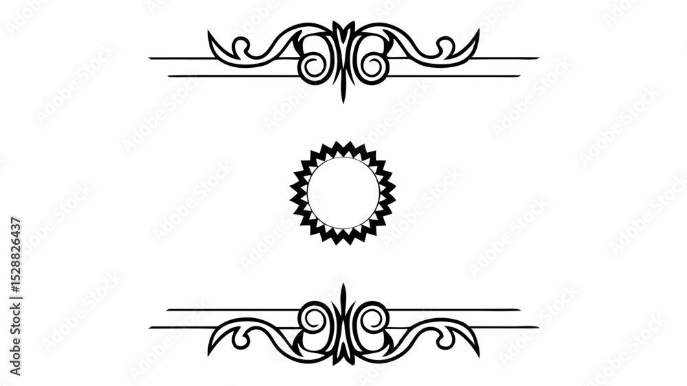 Poster decorative elements with floral borders and a circular sunburst emblem in black and white design cre
