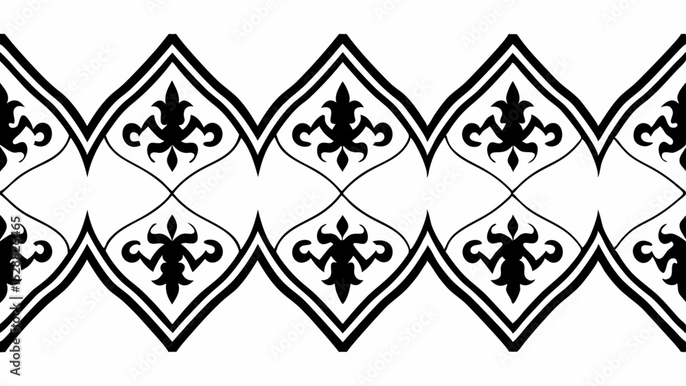 Poster repeating black and white floral pattern with diamond shapes creating a decorative border design ele