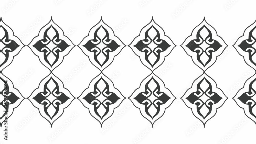 Poster repeating decorative border pattern with symmetrical floral elements in black and white design style