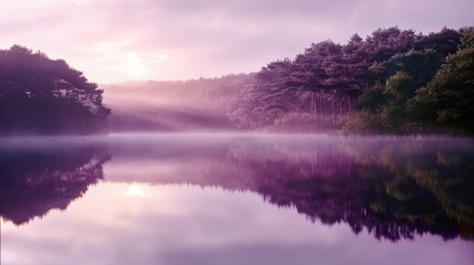 Fototapeta premium Misty Purple Forest Lake with Sunbeams and Fair Atmosphere