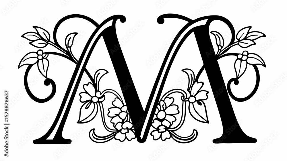 Poster letter m with floral design elements in black and white, decorative initial monogram for design proj