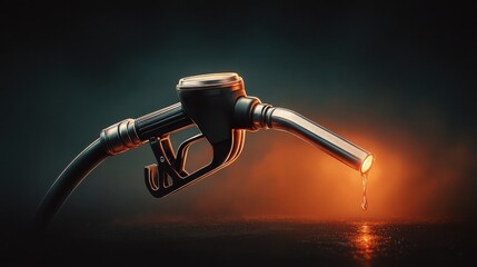 A gas pump nozzle illuminated by the dashboard lights of a car.