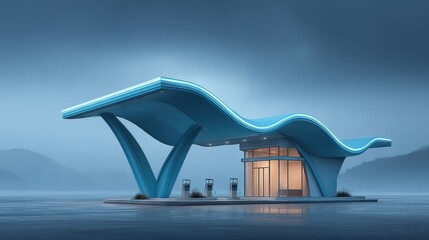 Electric-blue themed futuristic gas station with stylized nozzle design