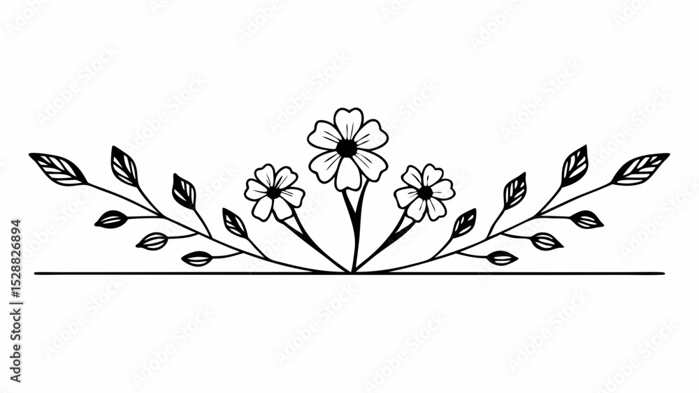 Aufkleber floral divider with three flowers and leafy branches in a symmetrical arrangement on a solid line cr
