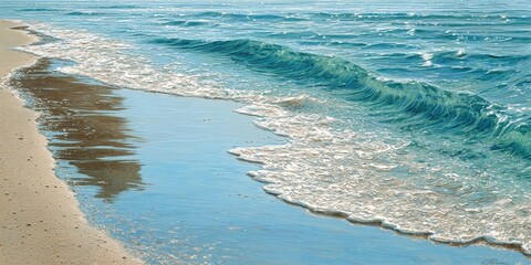 The gentle waves of a calm ocean lap against a sandy shore, mirroring the rhythms of life. ....... close up. High quality