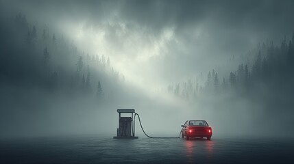 Foggy morning shot of car being refueled, mist over gas nozzle