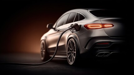 Gas pump nozzle connected to a luxury car, high-end context.