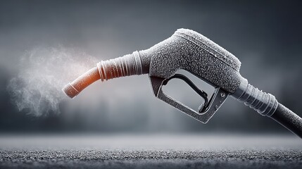 Gas pump nozzle with condensation on its surface, indicating cold weather conditions.