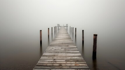Obraz premium A long wooden pier stretching across a misty lake, creating a serene and mysterious atmosphere