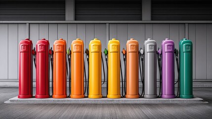 Multiple gas pump nozzles of different colors hanging neatly at a large service station.
