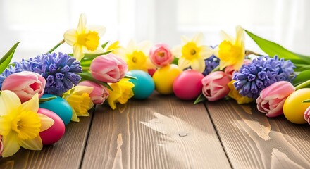 Fototapeta premium Vibrant Easter arrangement featuring tulips daffodils hyacinths and colorful eggs on rustic wooden surface