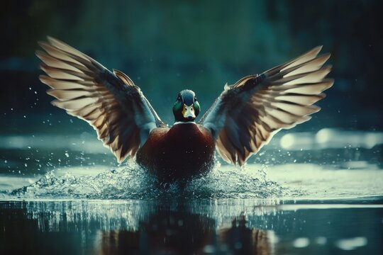 Mallard duck gracefully flapping its wings on a serene water surface in slow motion, mallard duck flapping its wings slow motion