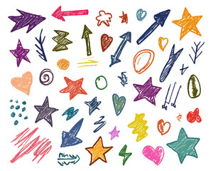 Colorful Hand-Drawn Shapes and Arrows on Transparent Background, PNG