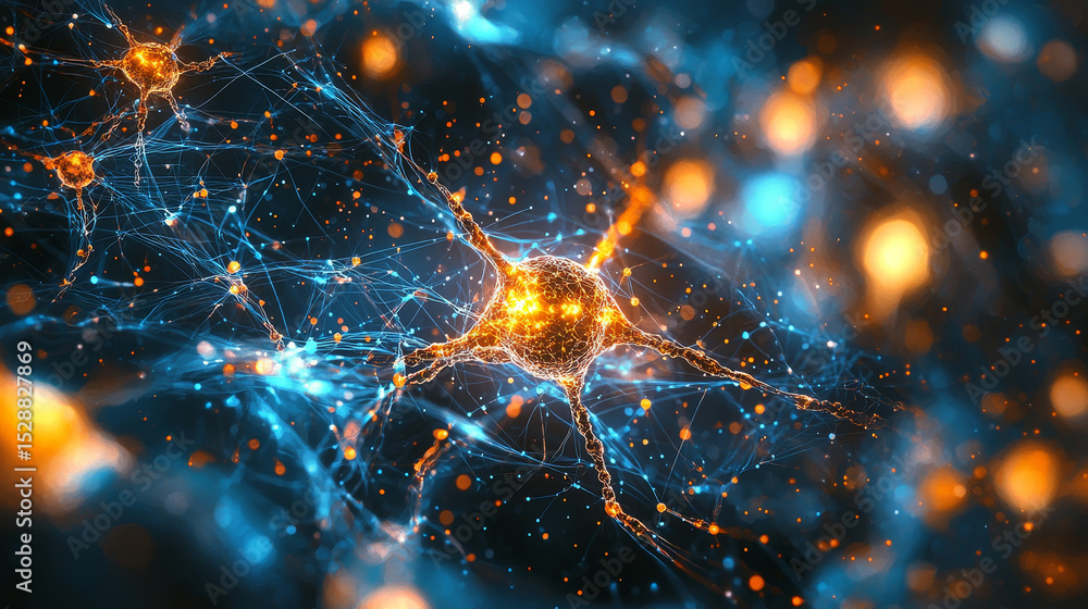 Poster vibrant digital illustration of interconnected glowing nodes and lines resembling neural network or 