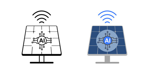 Solar panel with AI signal icon in outline and color styles, representing smart energy generation and artificial intelligence in solar technology.