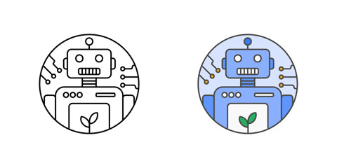 Eco robot with data screen icon in outline and color styles, symbolizing AI-powered environmental monitoring and smart eco-automation.