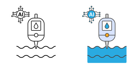Water quality AI sensor icon in outline and color styles, representing smart technology for environmental water monitoring and pollution detection.