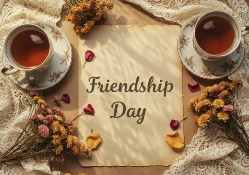 Friendship Day text on vintage paper with dry flowers, lace, and teacups. Tea party concept for celebration of best friends and close relationships.