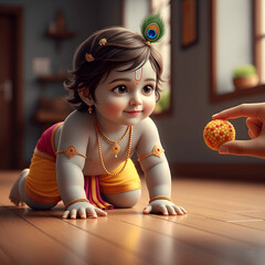 Adorable Baby Krishna Crawling, Reaching for a Laddoo, Symbolizing Innocence and Divine Playfulness.