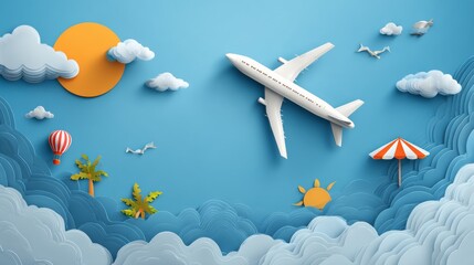 Travel background. Airplane in the sky. Stickers collage. The concept of flight and vacation.