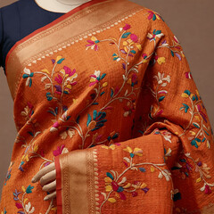 Exquisite Indian Silk Saree with Intricate Floral Embroidery and Zari Border.