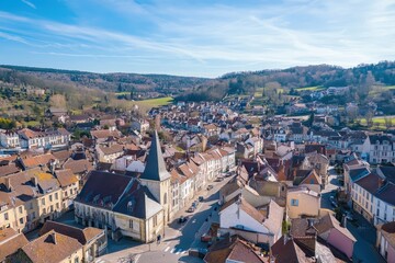 Views of historic architecture in Saint Vallier's charming old town surrounded by lush countryside, Aerial of the old town of the city Saint-Vallier in France on a sunny day in early spring