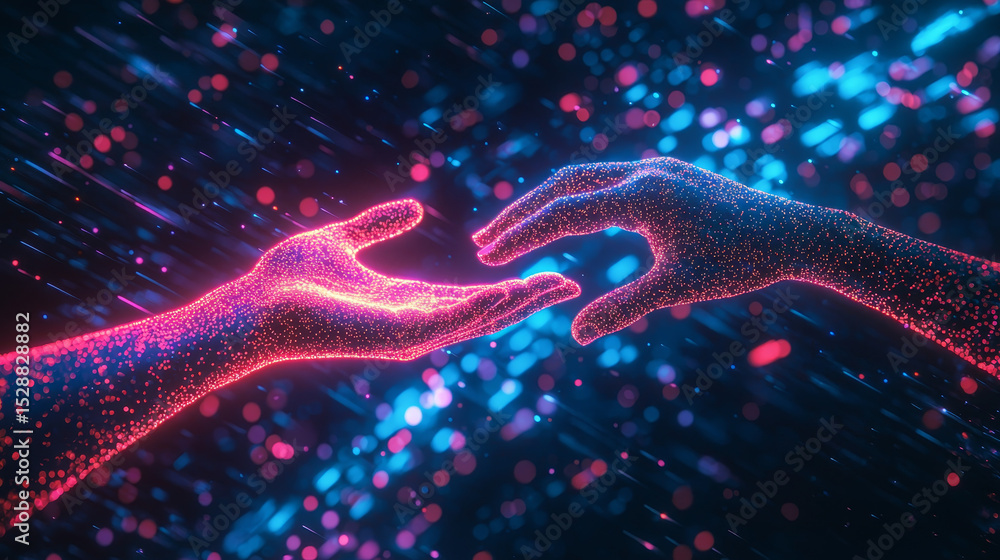 Poster vibrant neon light trails digital representation of two hands reaching for connection and technology