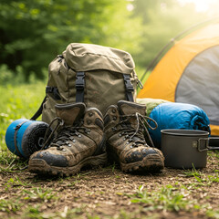 Mud-Splattered Hiking Boots and Camping Gear in a Lush Forest Environment.