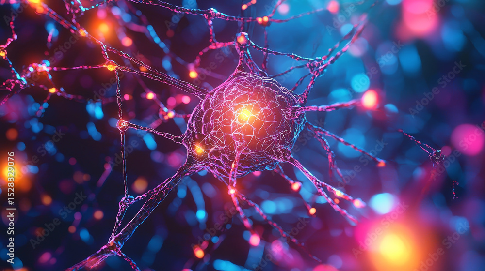 Poster glowing web of neural links in a colorful digital illustration, symbolizing artificial intelligence,