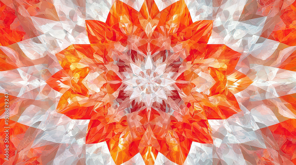 Poster vibrant kaleidoscope pattern with red, orange, and white geometric shapes creating symmetrical and d
