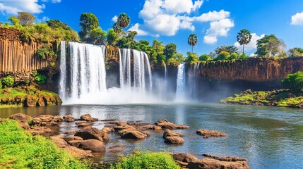 Obraz premium Majestic Waterfall, Tropical Landscape, Sunny Day, Tourism