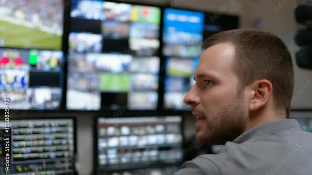 Poster focused operator in control room, monitoring multiple screens and live feeds, showcasing professiona