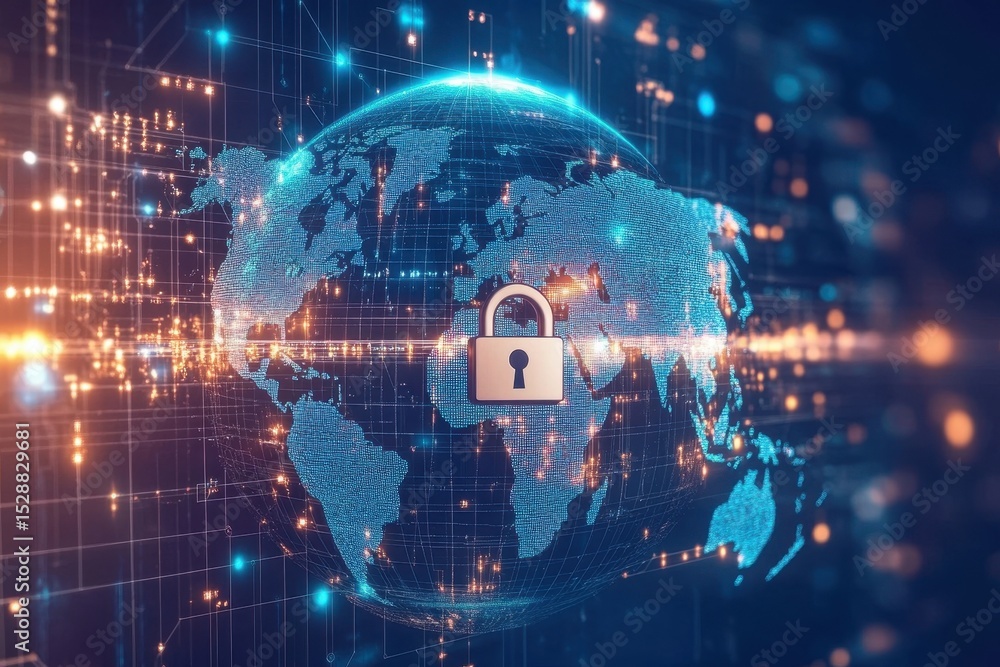 Poster data processing secure lock over a digital globe representing global cybersecurity and privacy conce