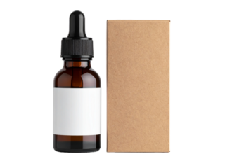 Brown glass bottle with dropper and blank label next to brown cardboard box. Suitable for essential oil product packaging design.