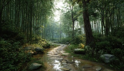 Calming rhythms of winding trails through serene bamboo forests, the quiet atmosphere perfect for reflection. High quality