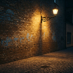 Vintage Street Lamp Illuminating an Old Brick Wall and Cobblestone Alley at Night.