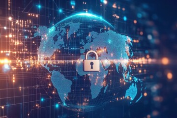 Data processing secure lock over a digital globe representing global cybersecurity and privacy concerns, data processing and padlock over globe and world map