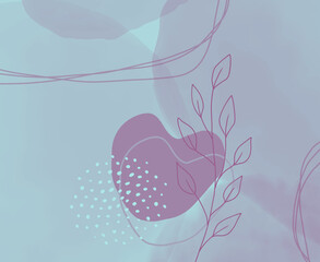 Romantic abstract aesthetic floral hand-drawn illustration in shades of purple on a blue background 