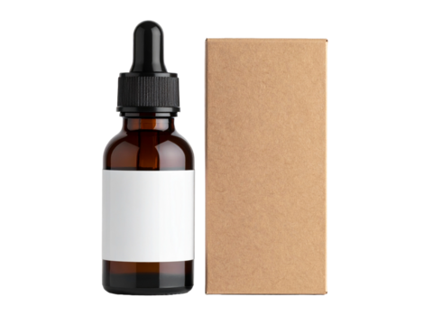 Brown glass bottle with dropper and blank label next to brown cardboard box. Suitable for essential oil product packaging design.