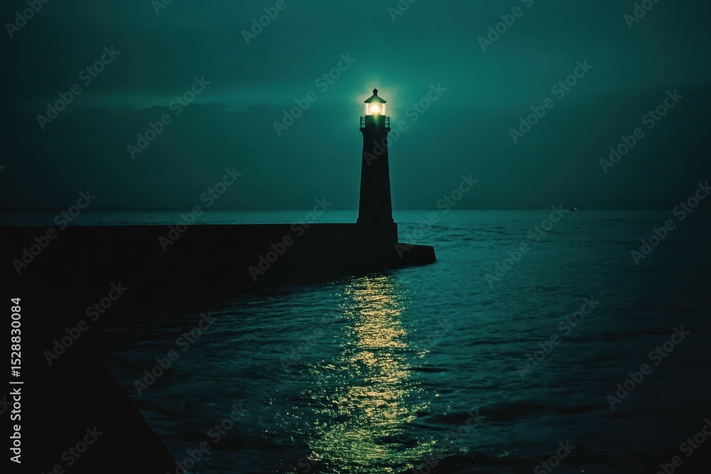 Aufkleber solitary lighthouse guiding ships in the dark waters at night, camera passing in front of a solitary