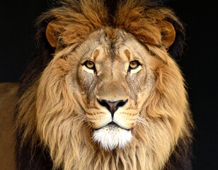 Naklejka premium Portrait lion on the black. Detail face lion. Hight quality portrait lion. 