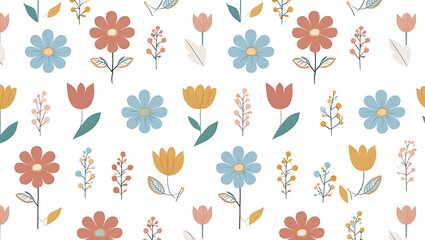 Obraz premium Charming Floral Pattern Pastel Tulips and Daisies Seamless Design