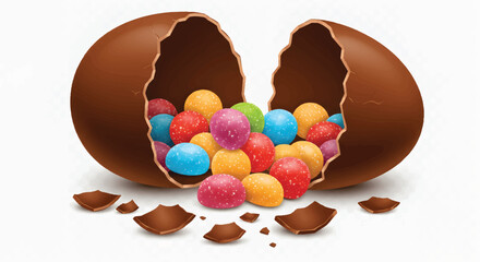  Broken Chocolate Easter Egg with Colorful Candies Inside