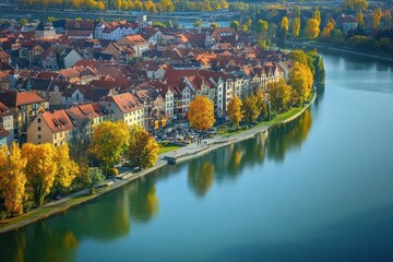 Explore the vibrant city of Maribor in Slovenia with beautiful autumn colors lining the riverbank, Aerial view of the city Maribor in Slovenia on a sunny autumn day