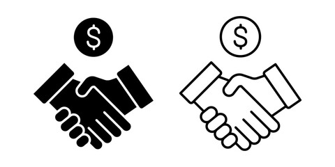 Vector isolated Shaking Hand Dollar icon set in black outline and fill
