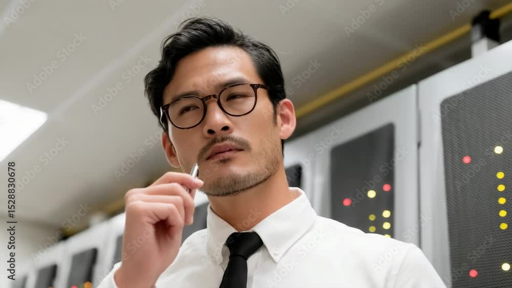 Poster focused systems engineer holding a pen while strategizing solutions for enterprise-level server mana