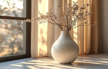 White vase mockup with branches on sunlit windowsill

