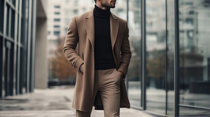 A man in a camel-colored overcoat, black turtleneck, and light-brown trousers stands outdoors, hands in pockets, near a modern glass building.  His attire is stylish and sophisticated